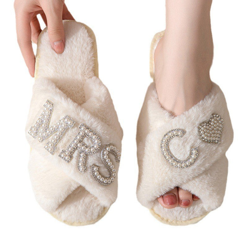 Women's Plush Slippers Home Non-slip Cotton Slippers Fleece-lined Thickened Cross Toe Covering Fluffy Slippers