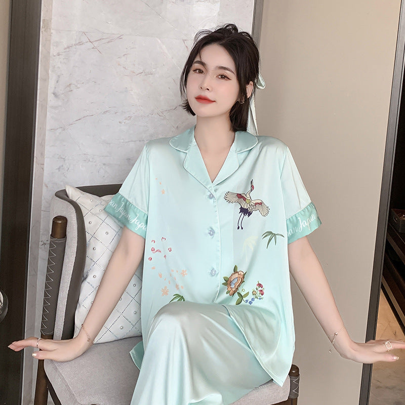 Lapel Faux Silk Homewear Short Sleeve Pants Pajama Set