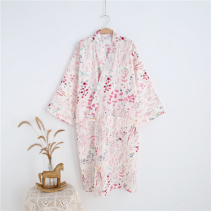 Thin Cotton Bathrobe Cotton Pajamas Cardigan Long Sleeping Skirt Sweat Steaming Suit