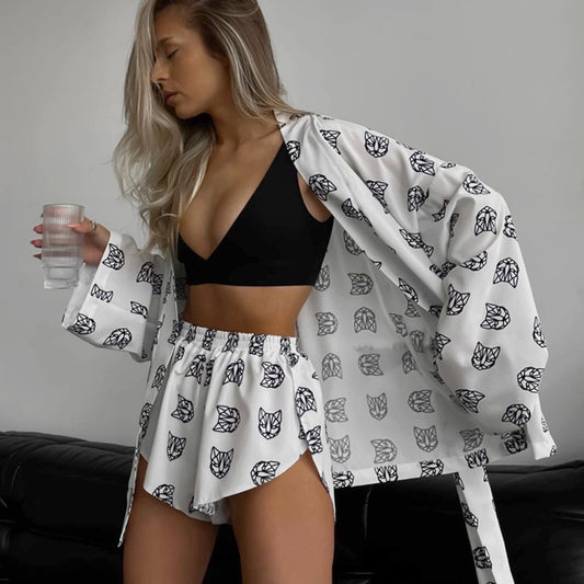 Loose Printed Women's Casual Tie Long-sleeved Pajamas