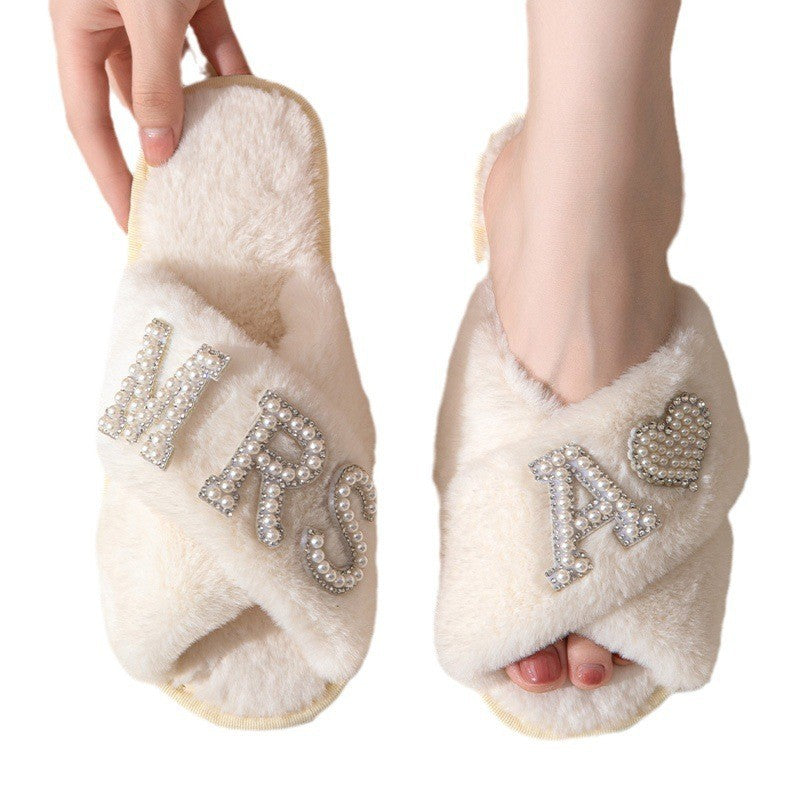 Women's Plush Slippers Home Non-slip Cotton Slippers Fleece-lined Thickened Cross Toe Covering Fluffy Slippers