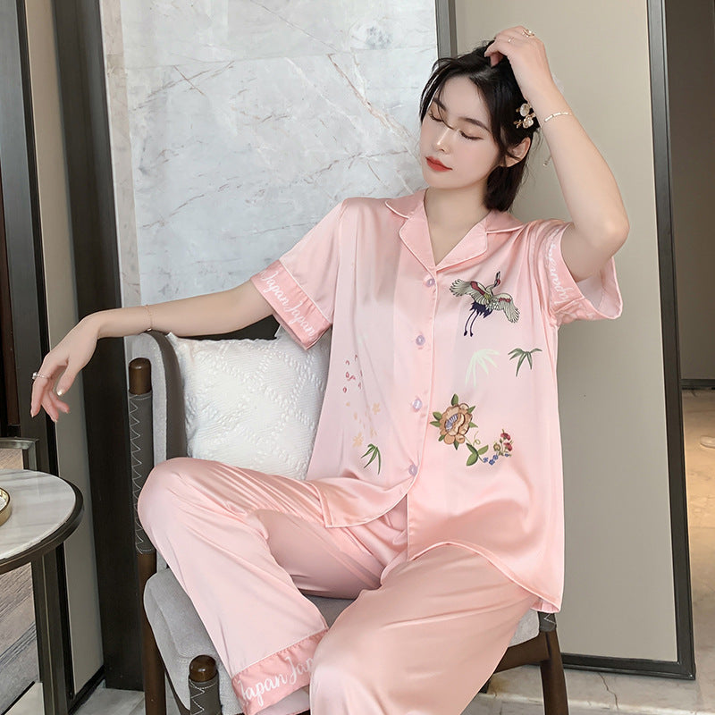 Lapel Faux Silk Homewear Short Sleeve Pants Pajama Set