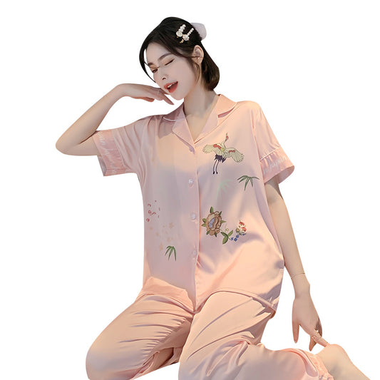 Lapel Faux Silk Homewear Short Sleeve Pants Pajama Set