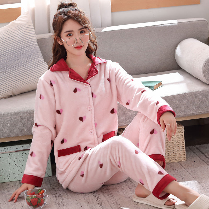 Thickened Flannel Pajamas Ladies Cardigan Suit Long-sleeved Warm Home Service